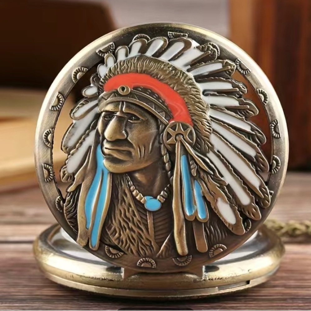 Etched Bronze Distinguished Indigenous Man Quartz Pocket Watch.
